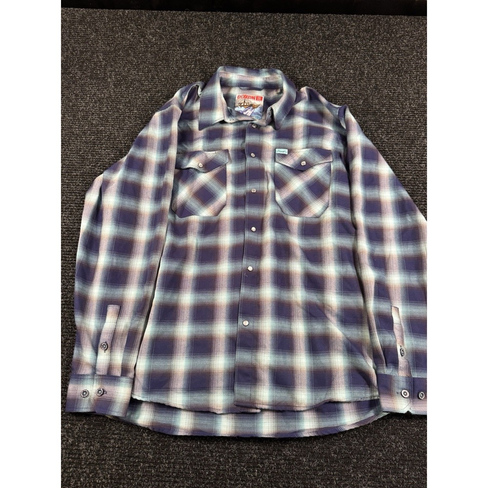 DIXXON The Angler Flannel Shirt Mens 2XL Blue Brown Plaid Pearl Snap Fishing